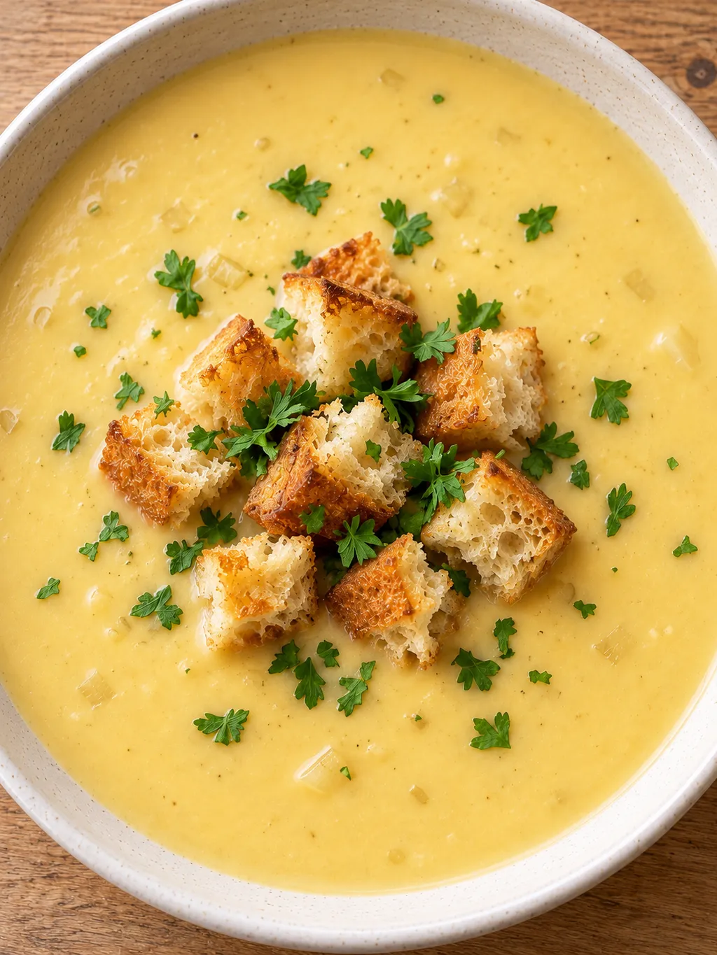 Goldgelbe Käsesuppe mit knusprigen Brotwürfeln und frischer Petersilie