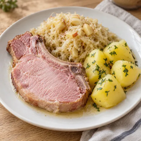 Kasselerkotelett mit Apfelsauerkraut und Salzkartoffeln mit Petersilie