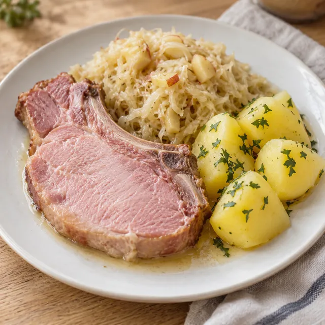 Kasselerkotelett mit Apfelsauerkraut und Salzkartoffeln mit Petersilie
