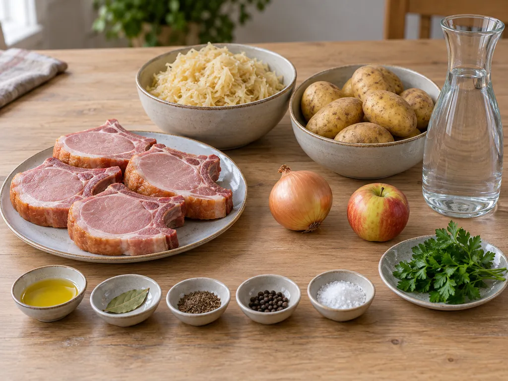 Vier Kasselerkoteletts, Sauerkraut, Kartoffeln, Apfel, Zwiebel und Gewürze