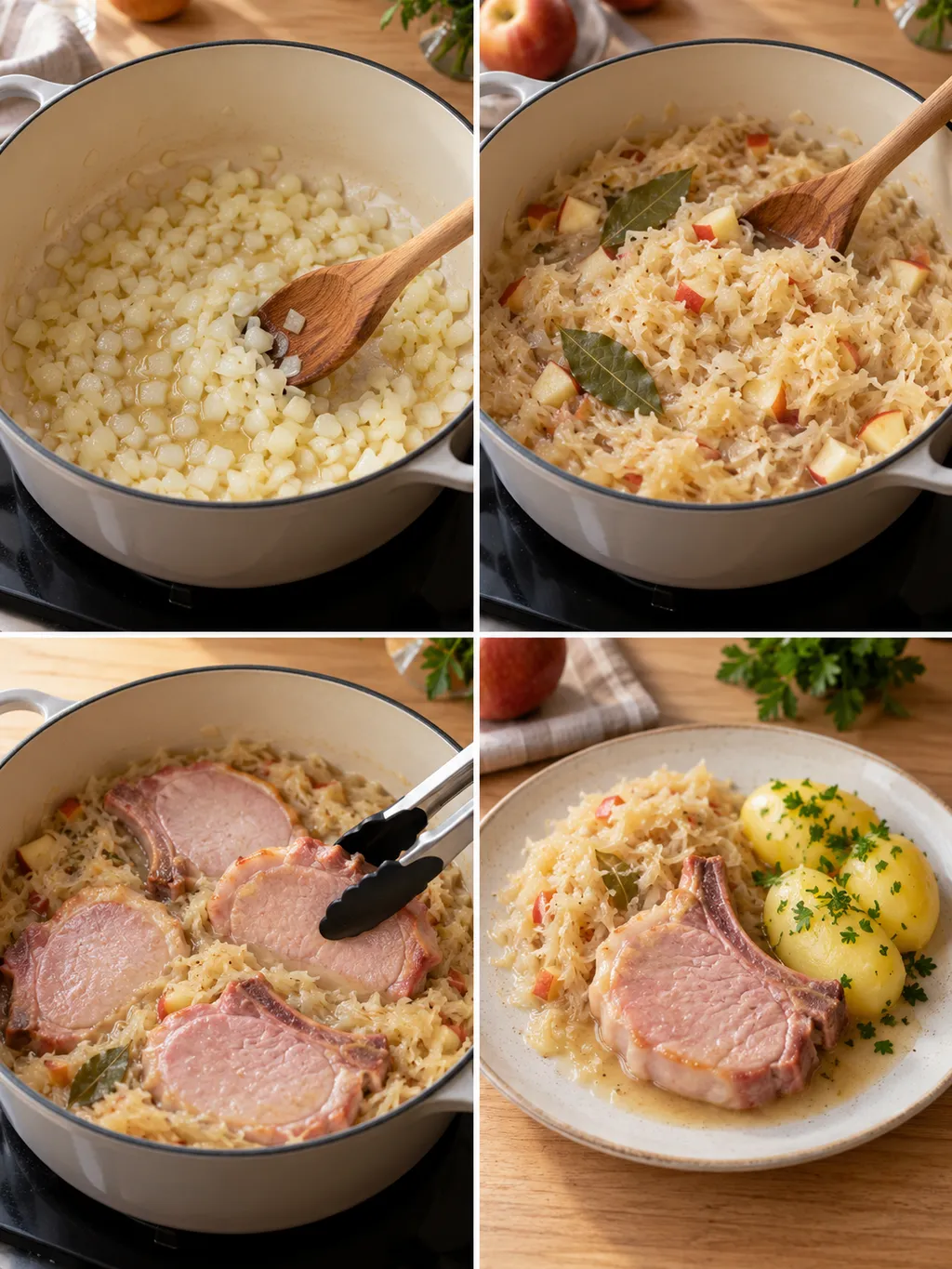 Zwiebeln anschwitzen, Sauerkraut vorbereiten, Kasseler garen und mit Kartoffeln servieren