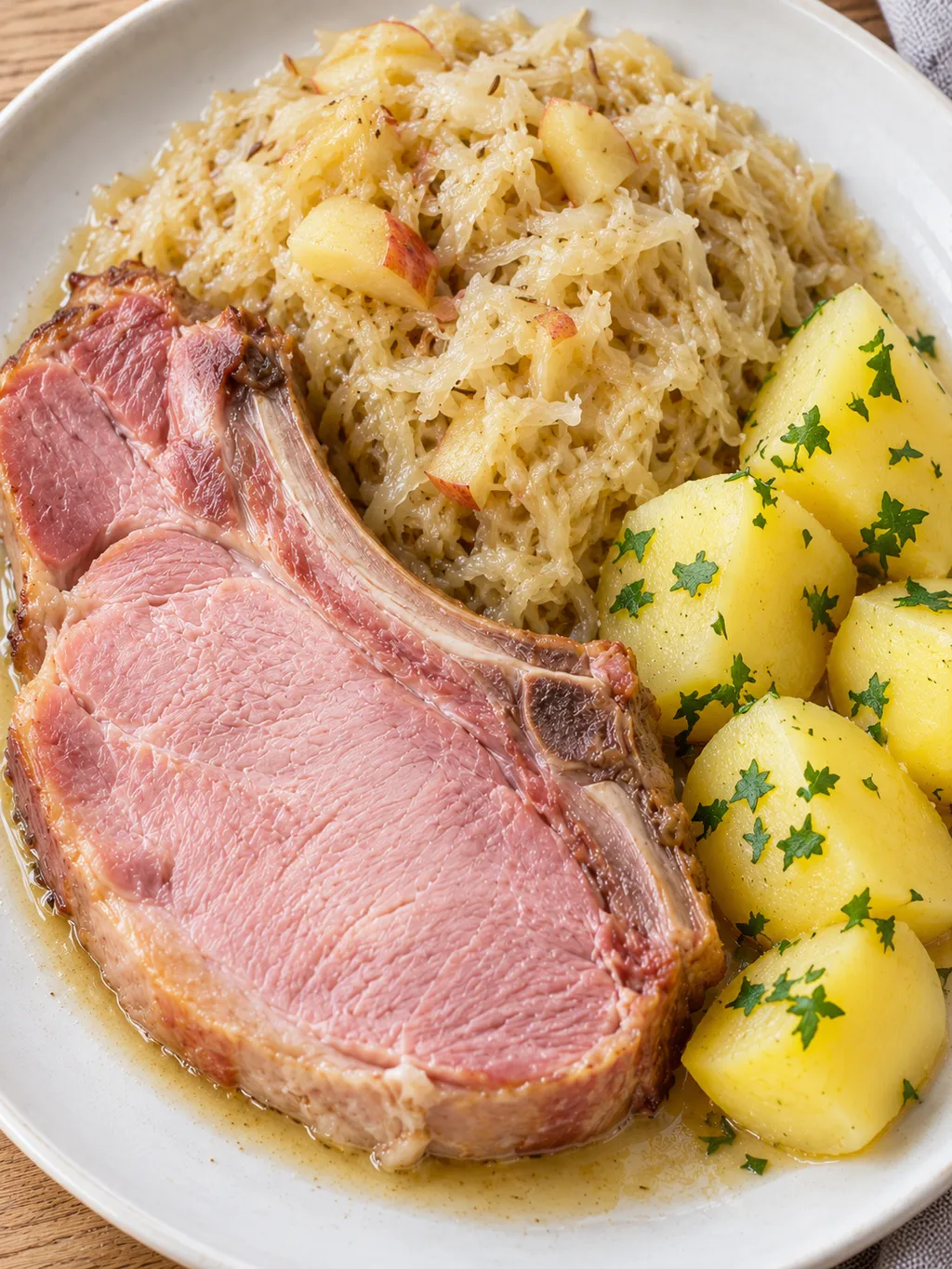 Kasseler mit hellem Sauerkraut, Apfelstücken und Petersilienkartoffeln