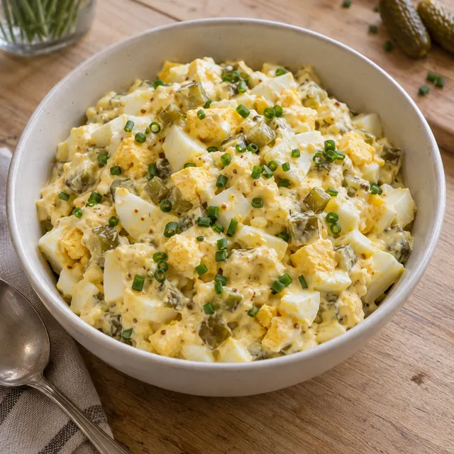 Klassischer Eiersalat mit groben Eierwürfeln, Gewürzgurken und Schnittlauch