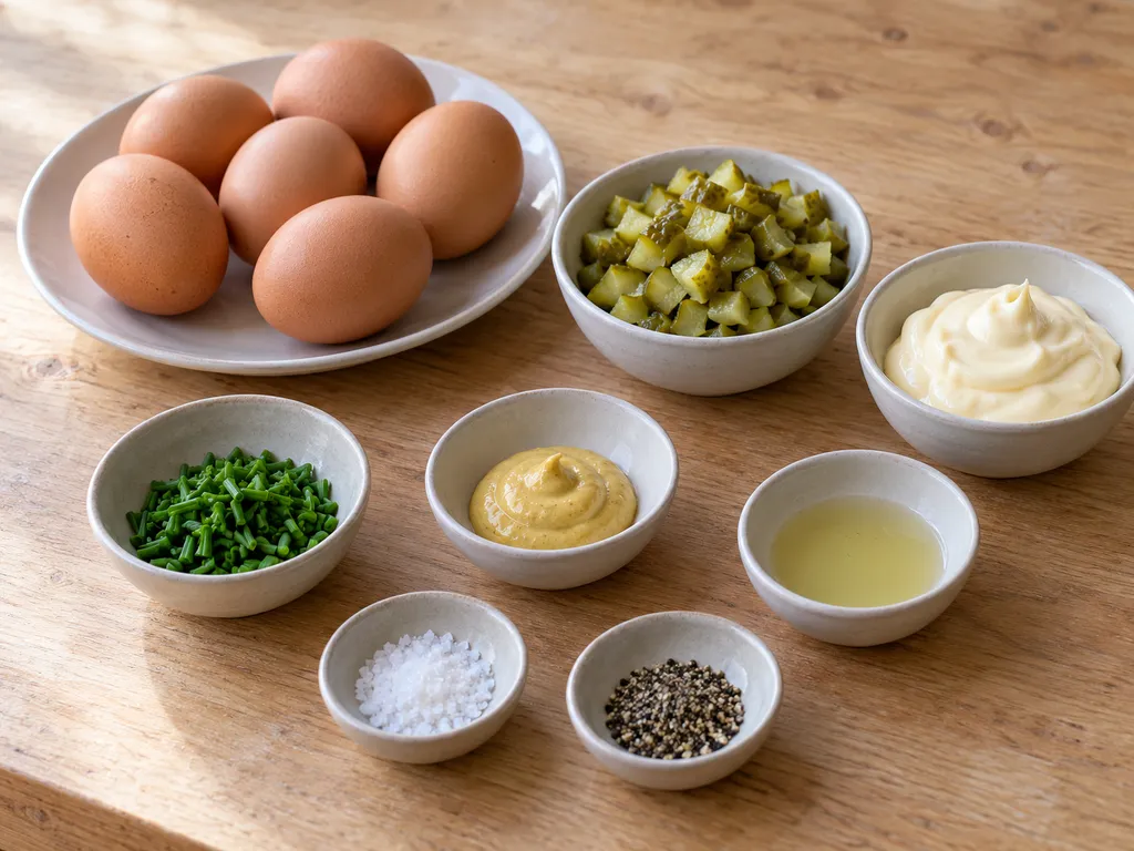 Eier, Gewürzgurken, Schnittlauch, Mayonnaise und Senf für klassischen Eiersalat