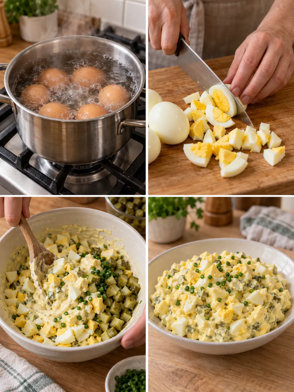 Eier kochen, würfeln und mit Gurken und Mayonnaise zu Eiersalat vermengen