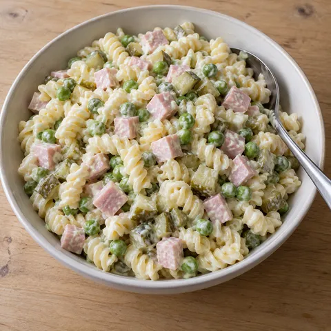 Cremiger Nudelsalat mit Spiralnudeln, Fleischwurst, Erbsen und Gewürzgurken
