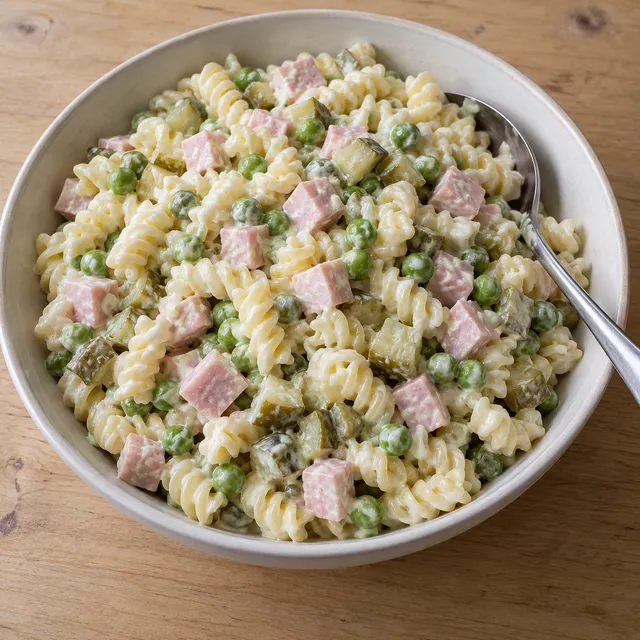 Cremiger Nudelsalat mit Spiralnudeln, Fleischwurst, Erbsen und Gewürzgurken