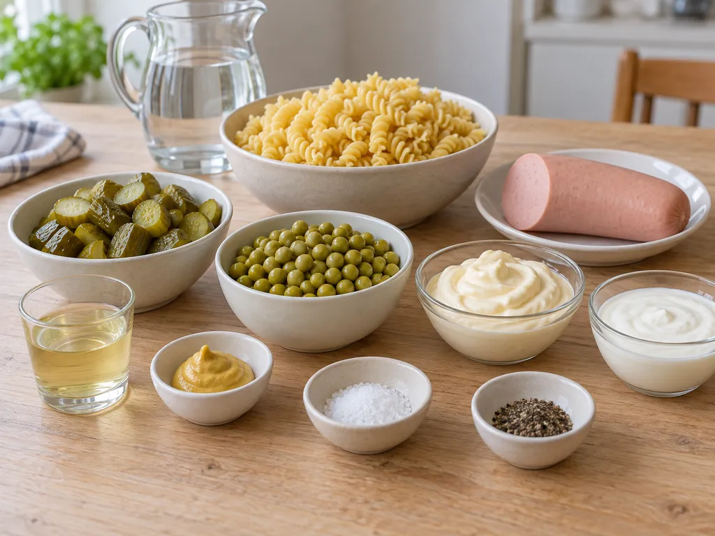 Spiralnudeln, Fleischwurst, Erbsen, Gurken und Zutaten für das Mayo-Joghurt-Dressing