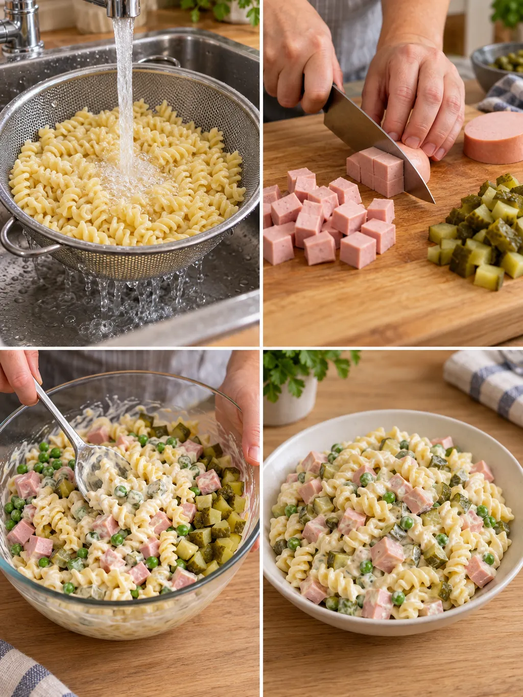Nudeln abspülen, Fleischwurst würfeln, Salat mischen und den fertigen Nudelsalat servieren