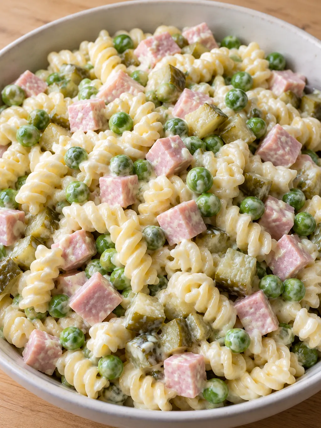 Spiralnudelsalat mit cremigem Dressing, Fleischwurstwürfeln, Erbsen und Gewürzgurken
