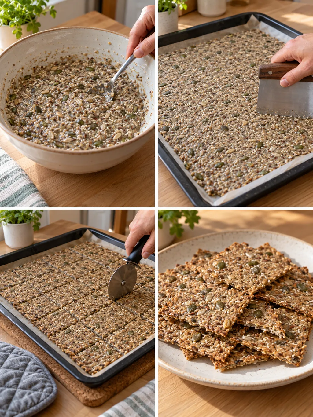 Saatenknäckebrot beim Verrühren, Ausstreichen, Vorschneiden und fertig auf dem Teller