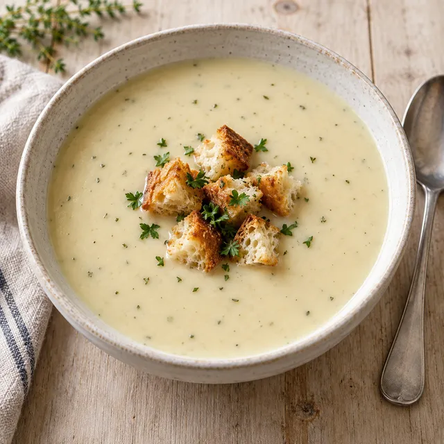 Cremige Knoblauchsuppe mit goldbraunen Croûtons und Petersilie in einer hellen Schale