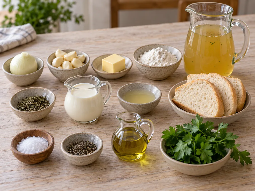 Knoblauch, Zwiebel, Butter, Mehl, Brühe, Sahne und weitere Zutaten für Knoblauchsuppe
