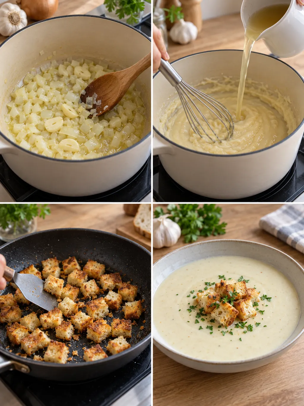 Knoblauch dünsten, Brühe einrühren, Croûtons rösten und fertige Knoblauchsuppe servieren