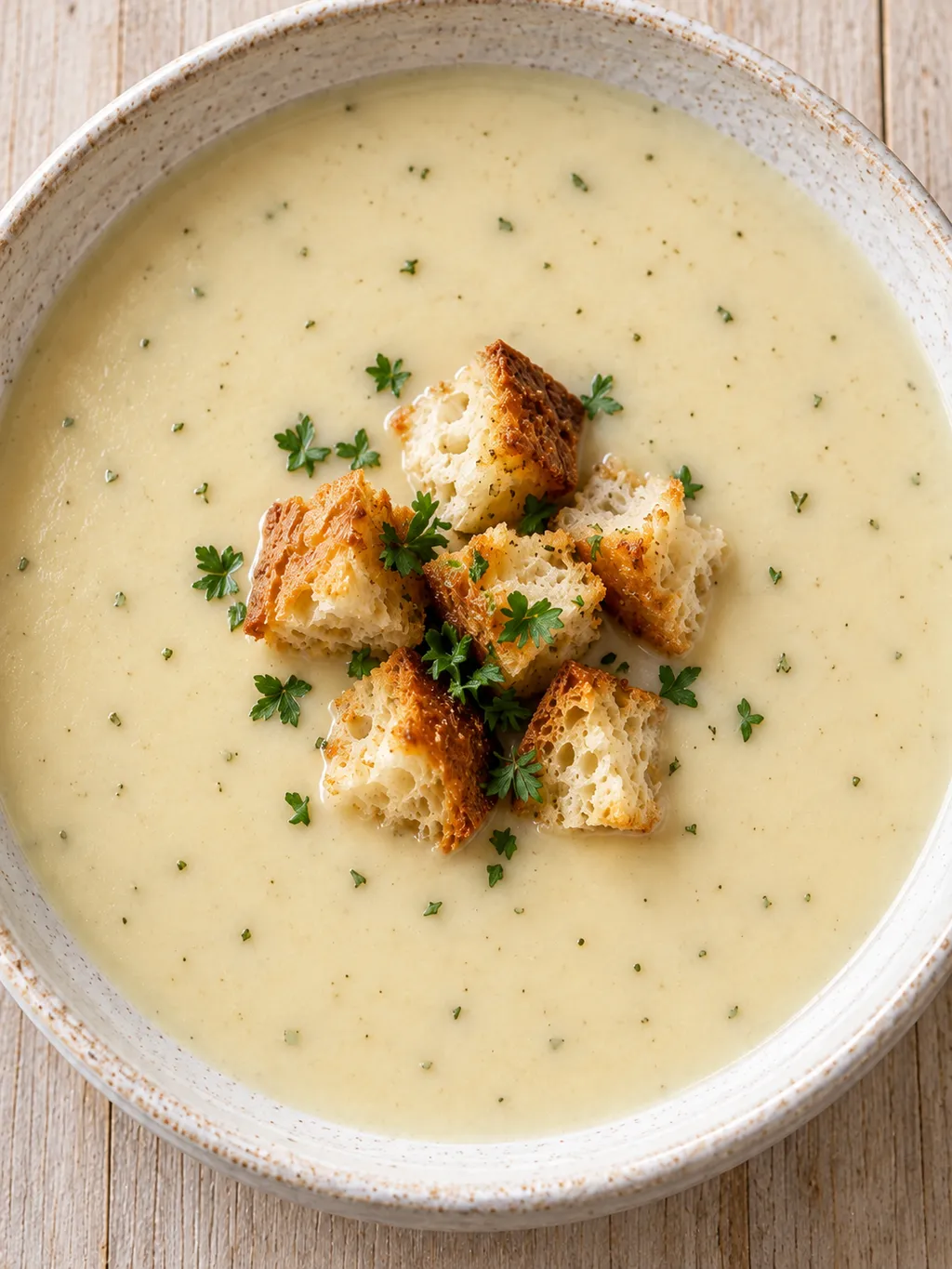 Knoblauchsuppe mit knusprigen Weißbrotcroûtons und grüner Petersilie