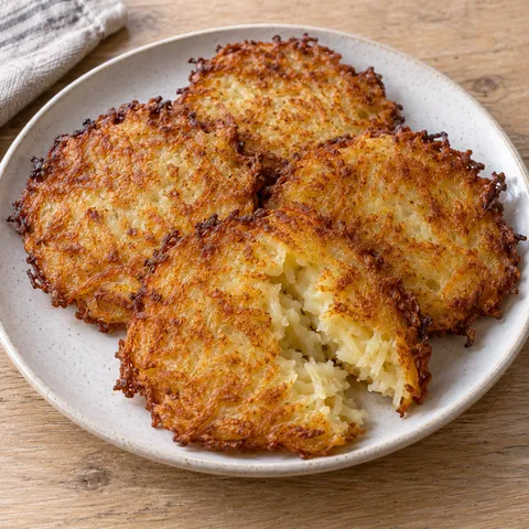 Goldgelbe Kartoffelpuffer mit knusprigen Rändern und aufgebrochener weicher Mitte
