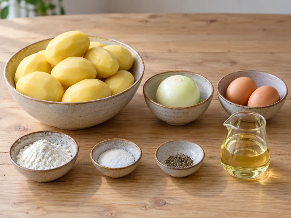 Kartoffeln, Zwiebel, zwei Eier, Mehl, Salz, Pfeffer und Rapsöl für Kartoffelpuffer