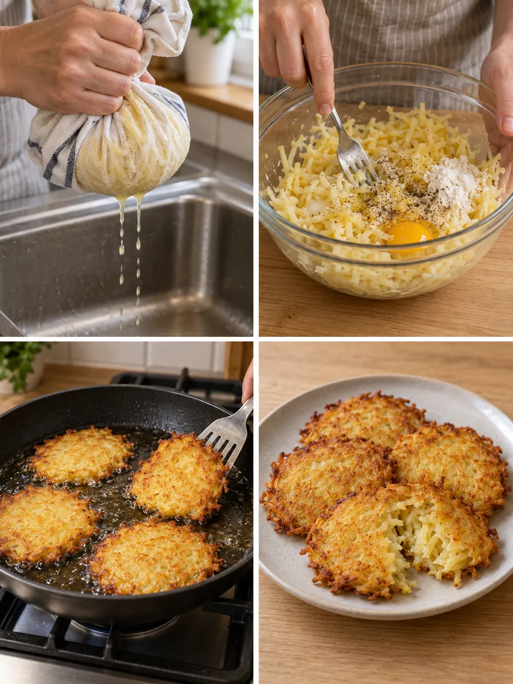 Kartoffelraspel ausdrücken, Masse mischen, Puffer braten und goldgelb servieren