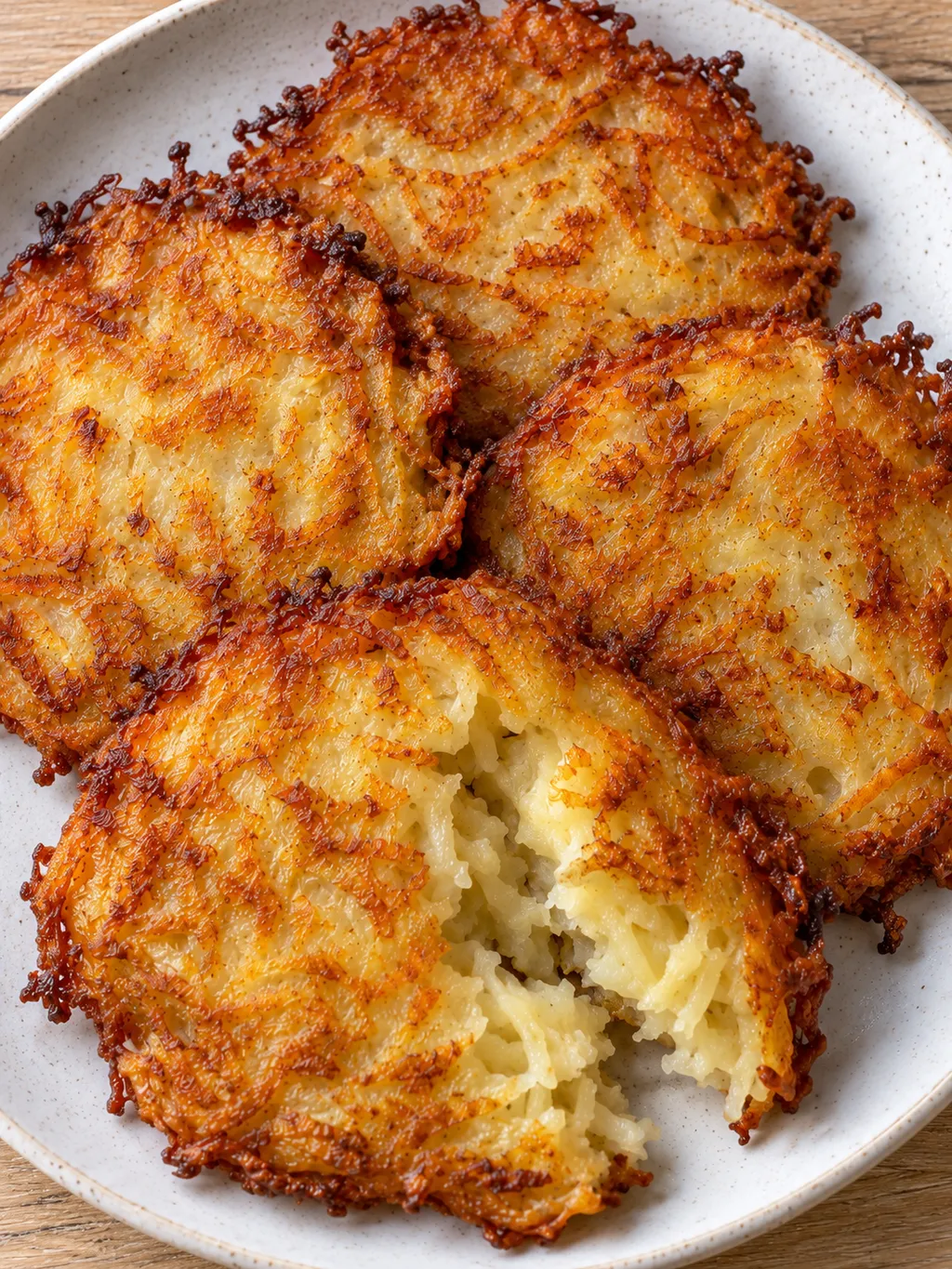 Knusprige goldgelbe Kartoffelpuffer auf einem hellen Teller