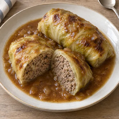 Kohlrouladen mit saftiger Hackfüllung und brauner Zwiebelsoße