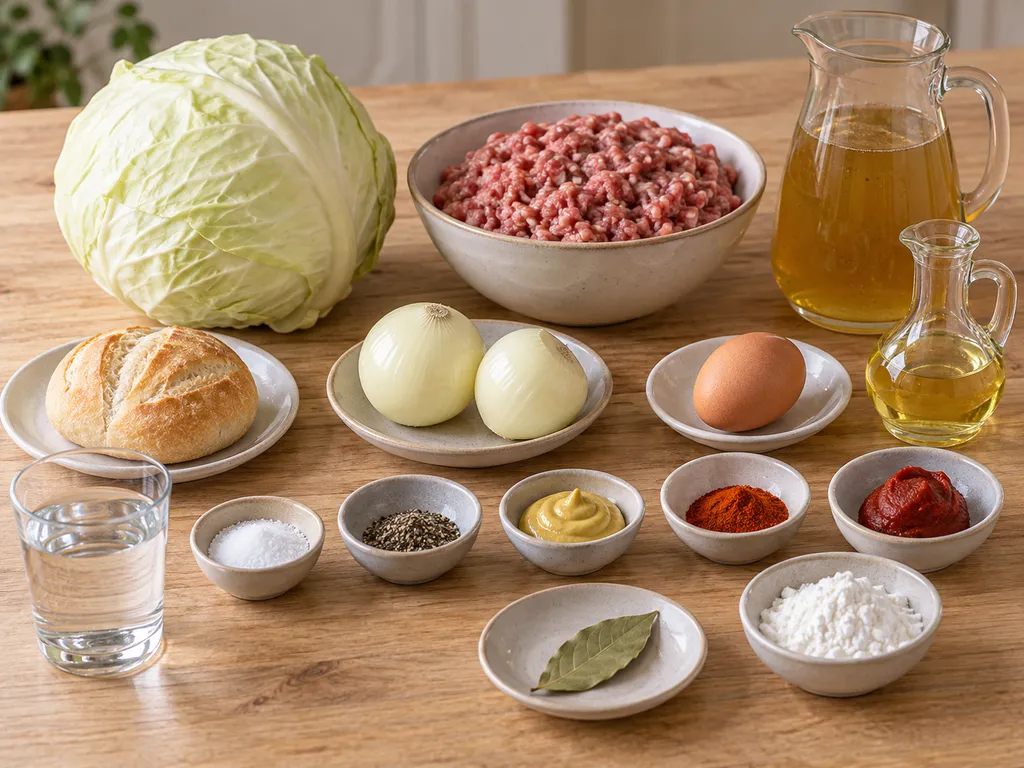 Weißkohl, Hackfleisch, Brötchen und weitere Zutaten für Kohlrouladen
