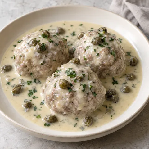 Königsberger Klopse in heller Kapernsoße mit Petersilie auf einem cremeweißen Teller