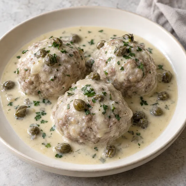 Königsberger Klopse in heller Kapernsoße mit Petersilie auf einem cremeweißen Teller