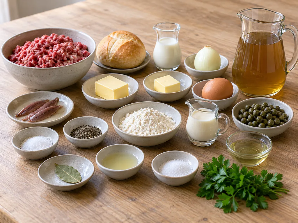 Hackfleisch, Brötchen, Ei, Sardellen und Zutaten für die helle Kapernsoße