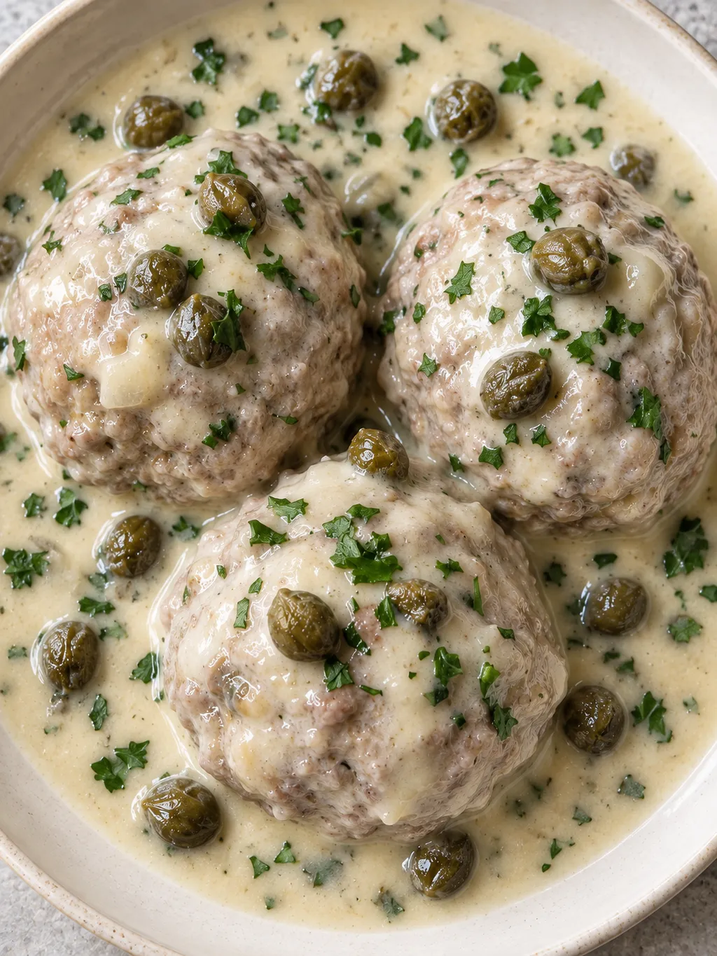 Drei Königsberger Klopse mit cremiger Kapernsoße und gehackter Petersilie