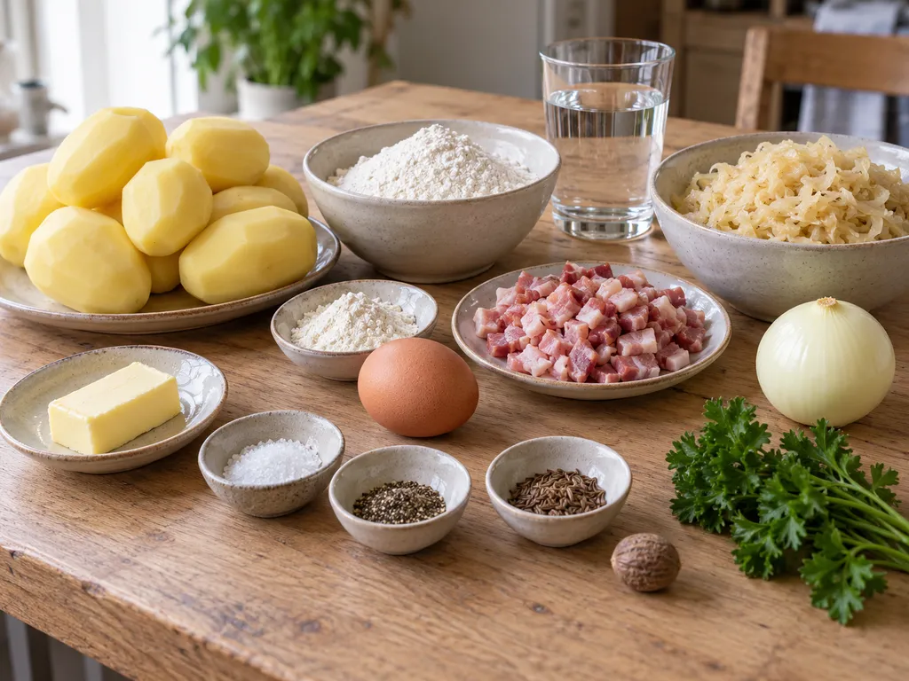 Kartoffeln, Mehl, Ei, Sauerkraut, Speck und weitere Zutaten für Kraut-Schupfnudeln
