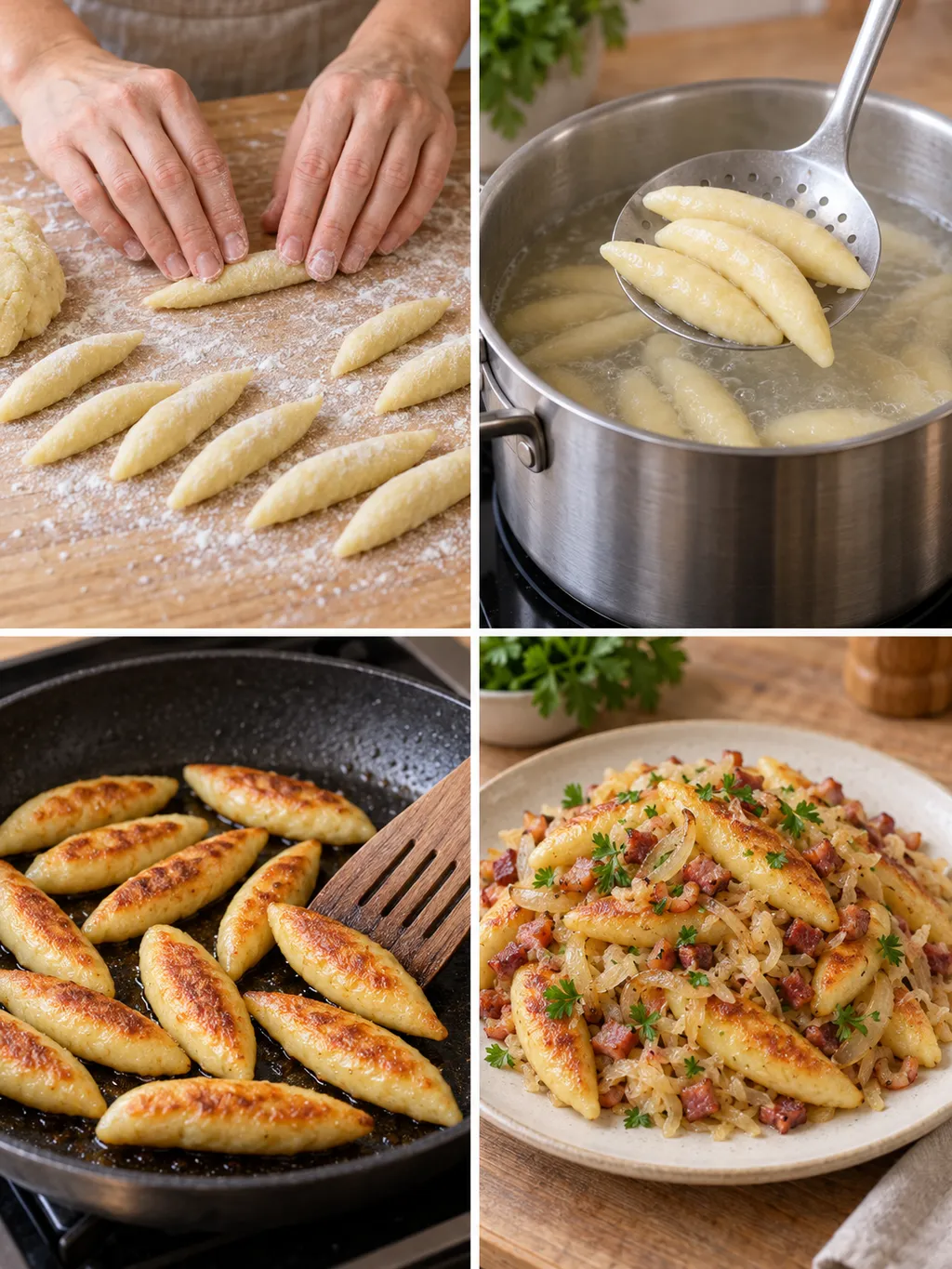 Schupfnudeln beim Formen, Garen und Braten sowie fertig mit Sauerkraut und Speck