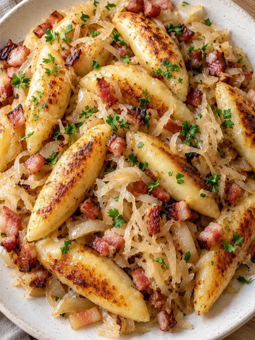 Kraut-Schupfnudeln mit gebräunten Kartoffelnudeln, Sauerkraut, Speck und Petersilie