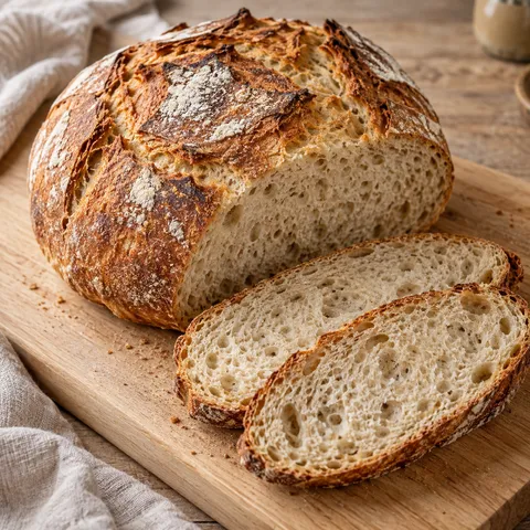 Rundes Krustenbrot mit bemehlter brauner Kruste und zwei Scheiben auf einem Holzbrett