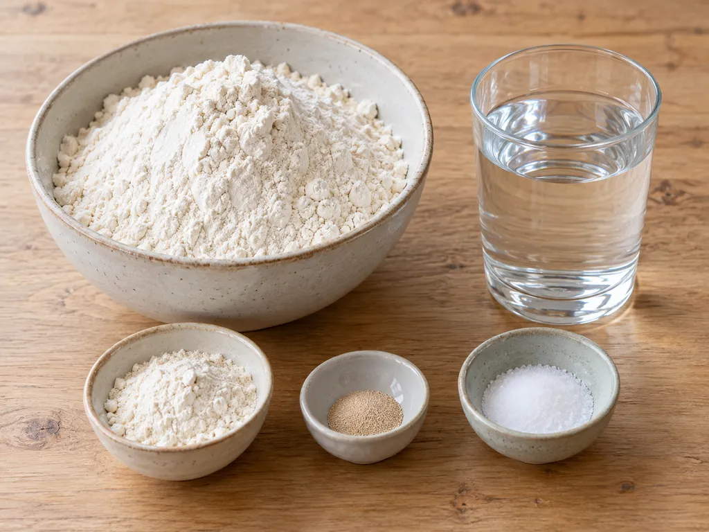Weizenmehl, Trockenhefe, Salz und Wasser für ein Krustenbrot ohne Kneten