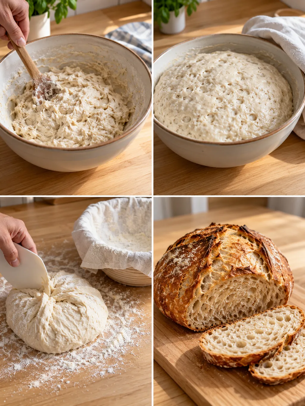 Brotteig beim Verrühren, nach der Gare, beim Formen und als fertig gebackenes Krustenbrot
