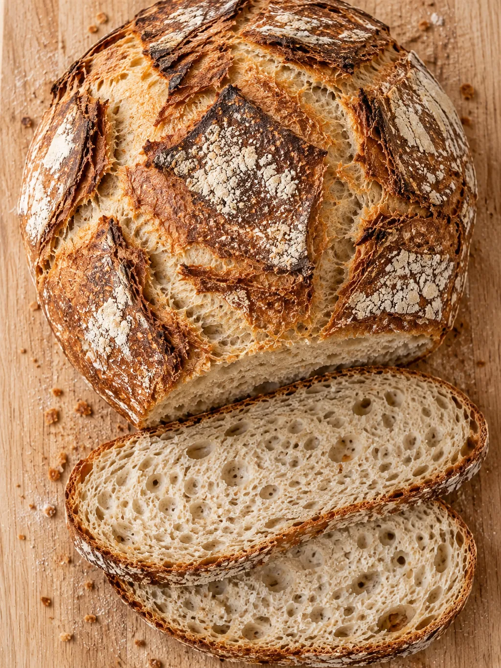 Krustenbrot mit rustikalen Aufrissen und zwei Scheiben mit heller lockerer Krume