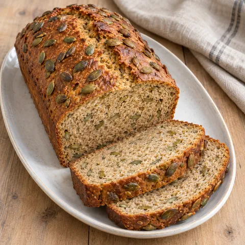 Kürbiskernbrot mit goldbrauner Kruste und zwei Scheiben mit grünen Kürbiskernen