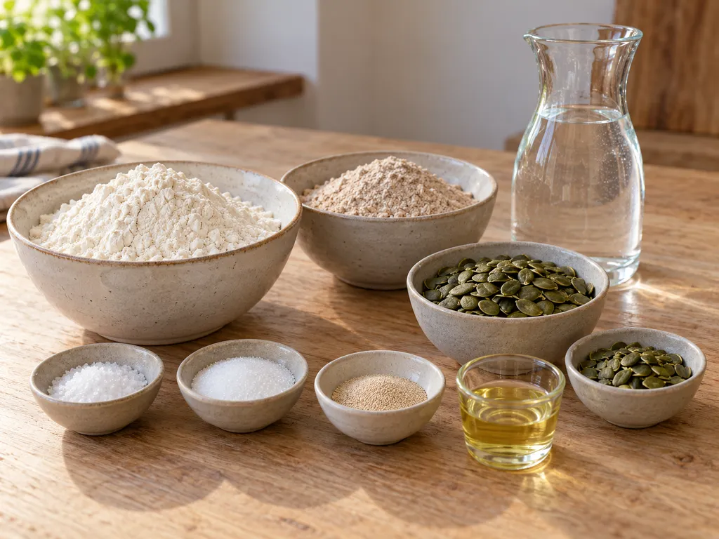 Weizenmehle, Hefe, Wasser, Rapsöl, Zucker, Salz und Kürbiskerne für ein Kastenbrot