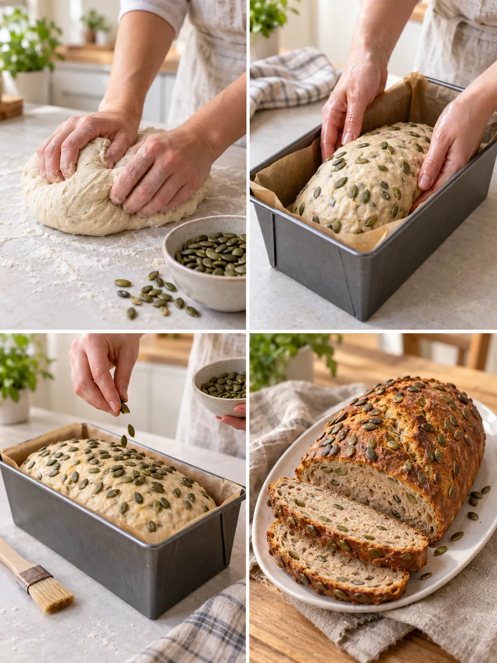 Kürbiskernbrot beim Kneten, Formen und Bestreuen sowie fertig gebacken mit zwei Scheiben