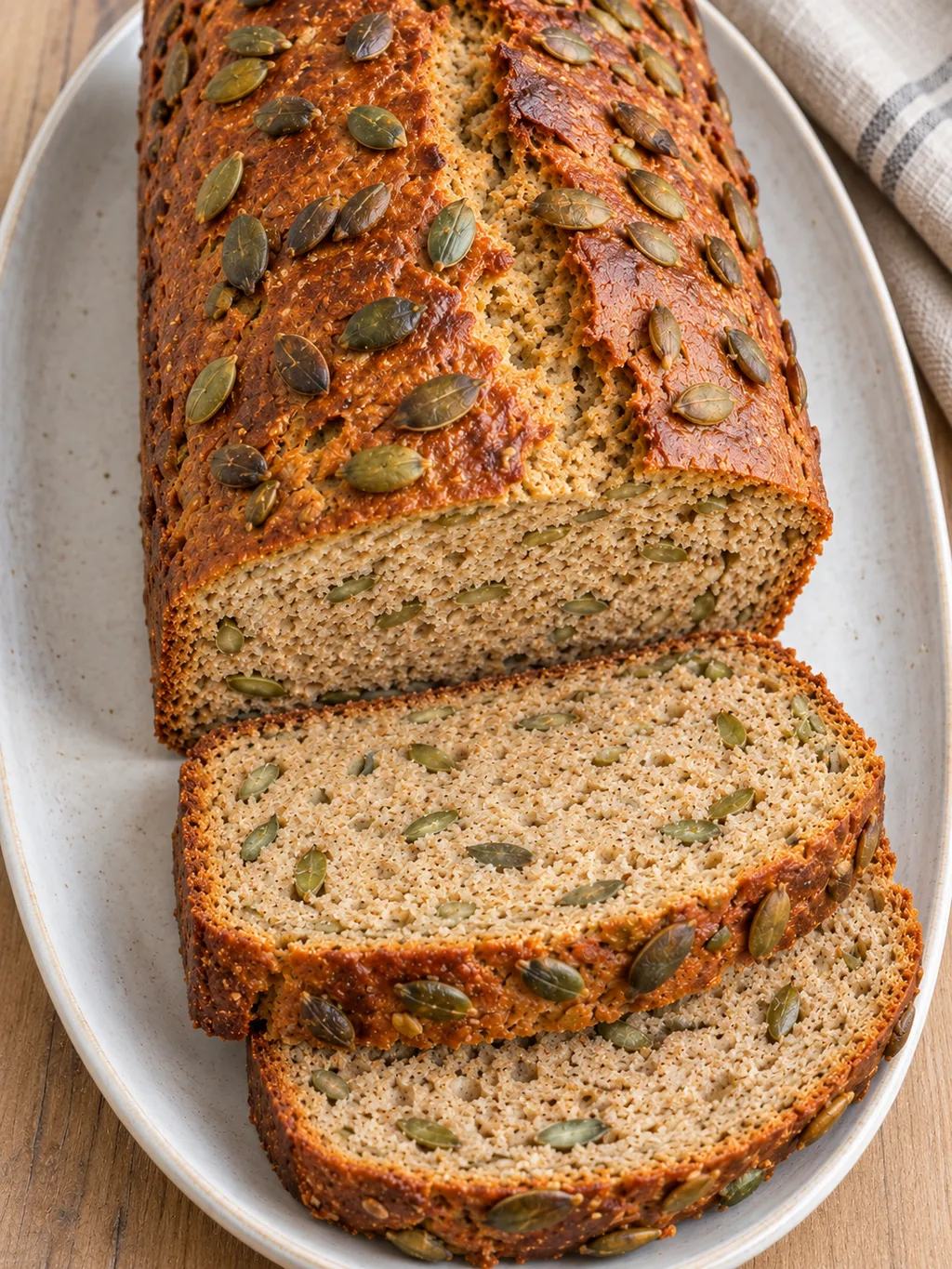 Kürbiskernbrot mit gerösteten Kernen auf der Kruste und feinporiger hellbrauner Krume
