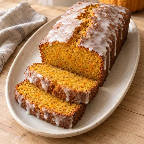 Hokkaido-Kürbiskuchen mit Zitronenguss und zwei Scheiben auf einer Keramikplatte