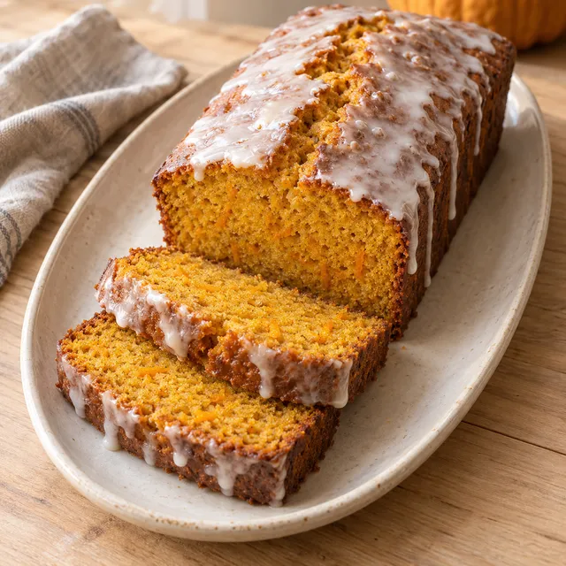Hokkaido-Kürbiskuchen mit Zitronenguss und zwei Scheiben auf einer Keramikplatte