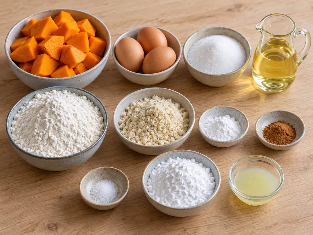 Hokkaido, Eier, Mehl, Mandeln und weitere Zutaten für Kürbiskuchen mit Zimt