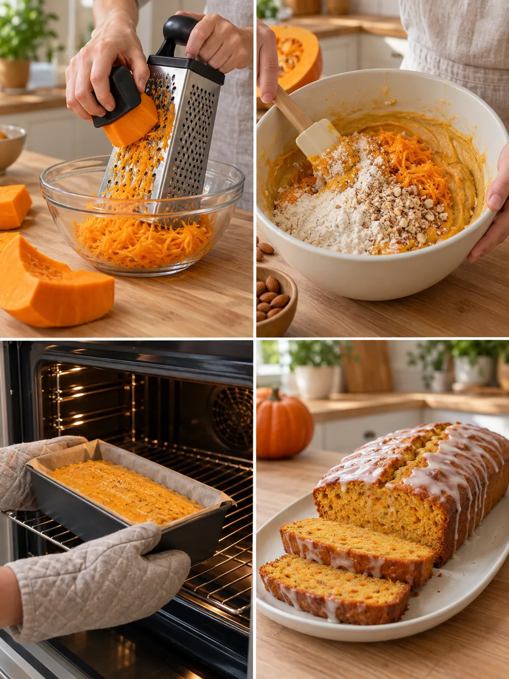 Kürbis raspeln, Teig unterheben, Kuchen backen und fertig mit Zitronenguss servieren