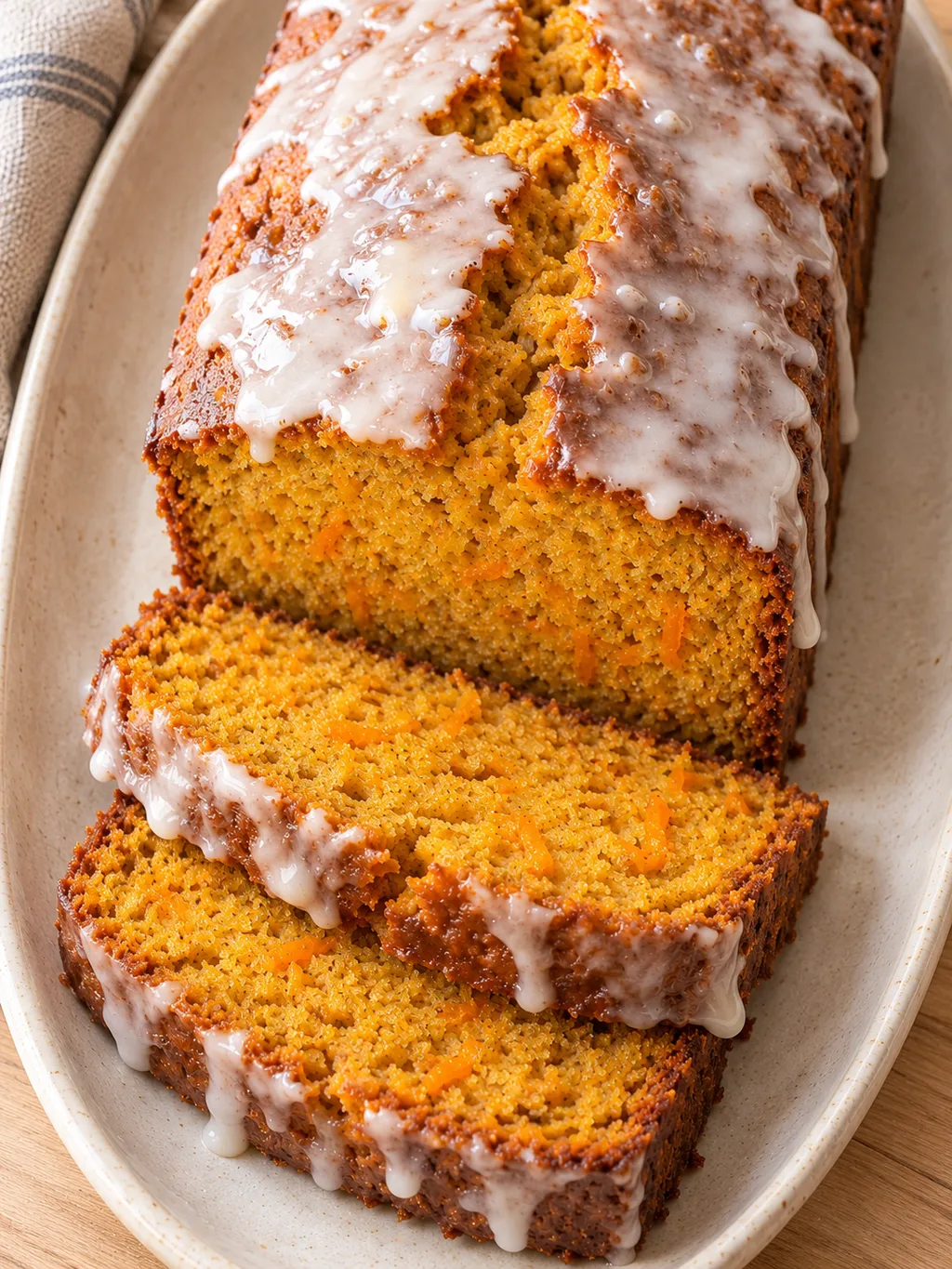 Kürbiskuchen mit Zimt, dünnem Zitronenguss und goldorangefarbenen Kuchenscheiben