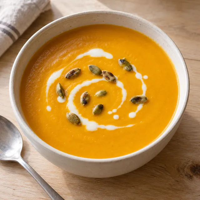 Orange Kürbissuppe mit einer Sahnespur und gerösteten Kürbiskernen in heller Schüssel