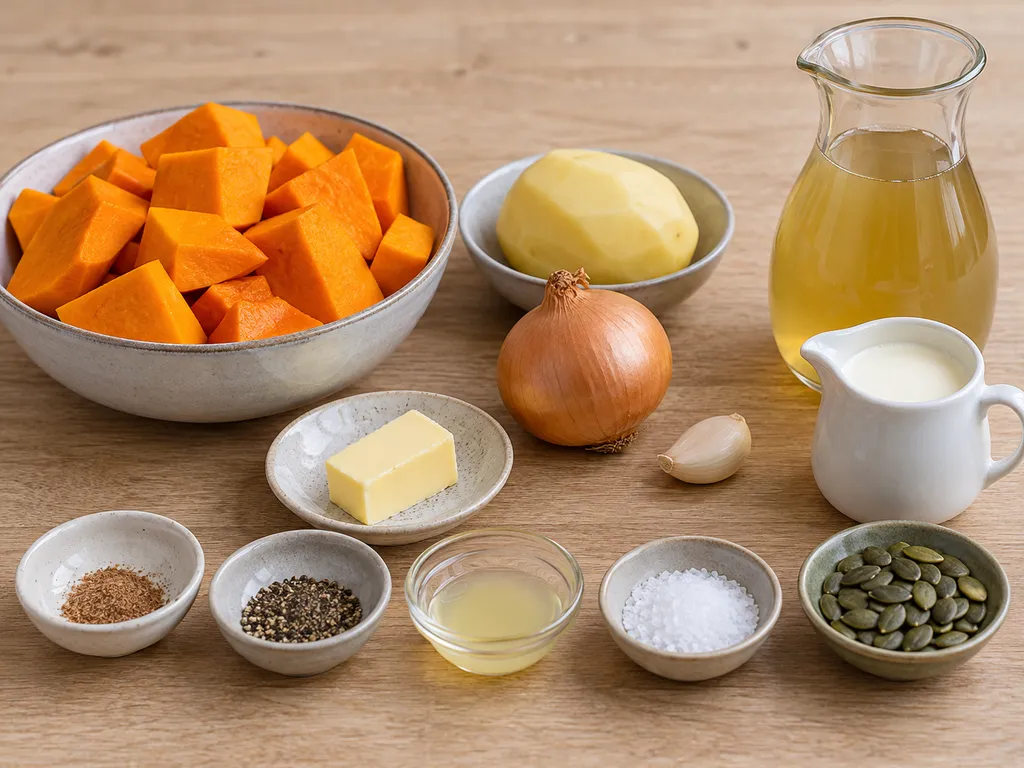 Hokkaido, Kartoffel, Zwiebel, Brühe, Sahne und weitere Zutaten für Kürbissuppe