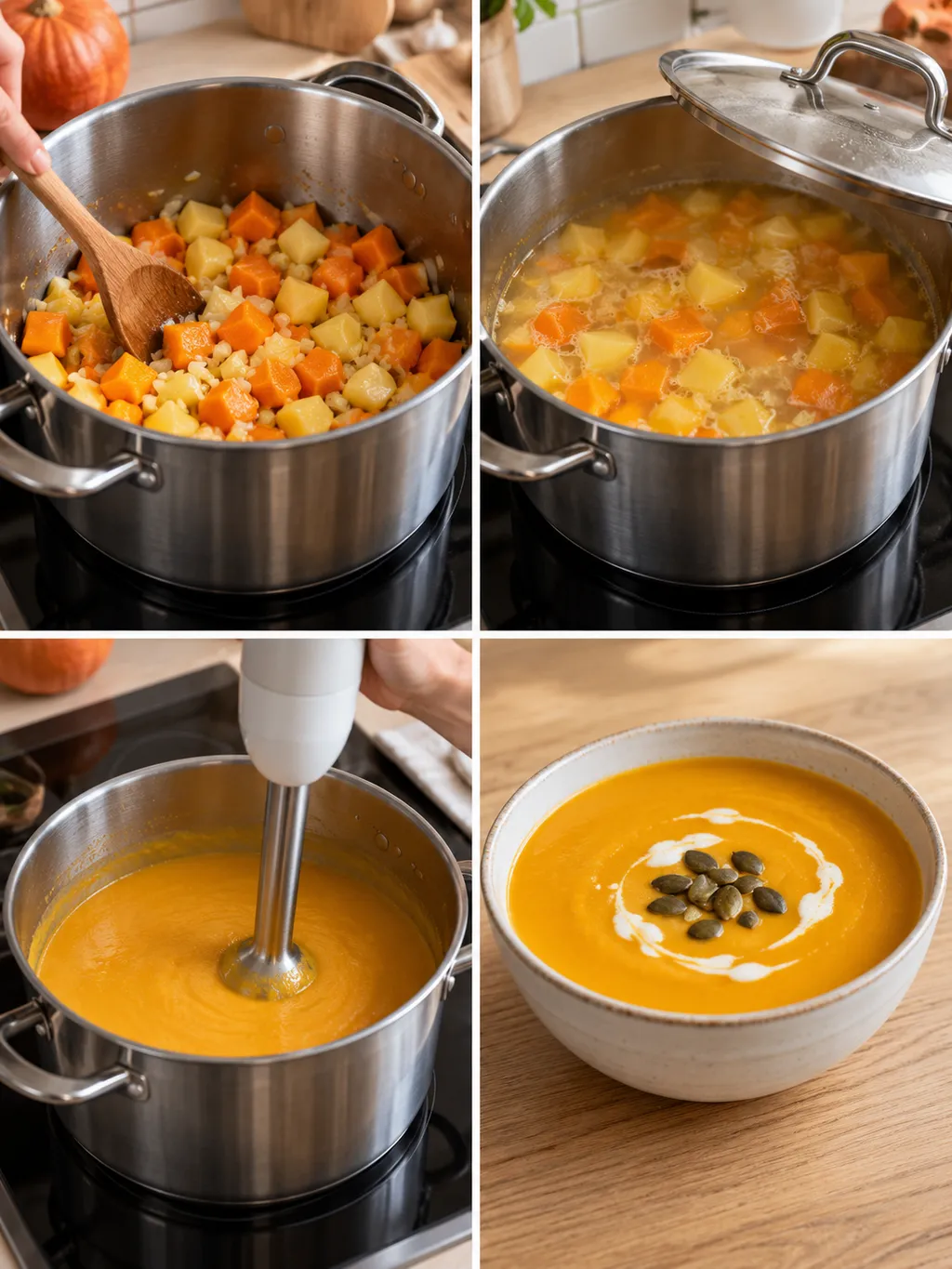 Kürbissuppe beim Andünsten, Köcheln und Pürieren sowie fertig mit Sahne und Kürbiskernen