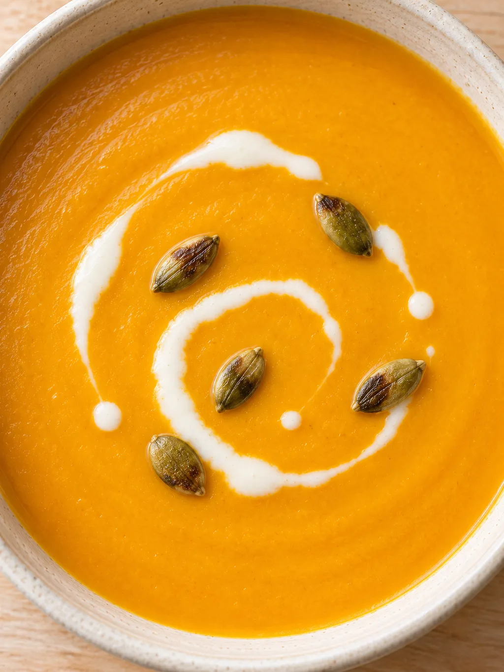Cremige Hokkaido-Kürbissuppe mit weißer Sahnespur und gerösteten grünen Kürbiskernen