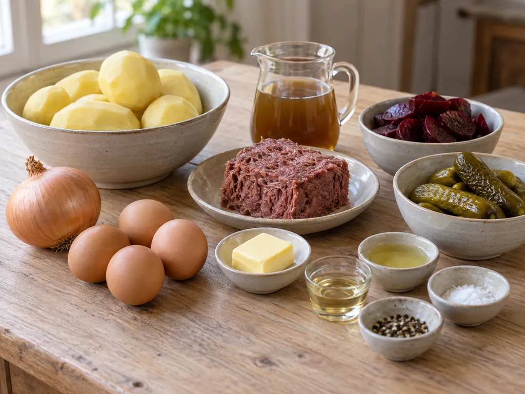 Kartoffeln, Corned Beef, Rote Bete, Gurken und weitere Zutaten für Labskaus